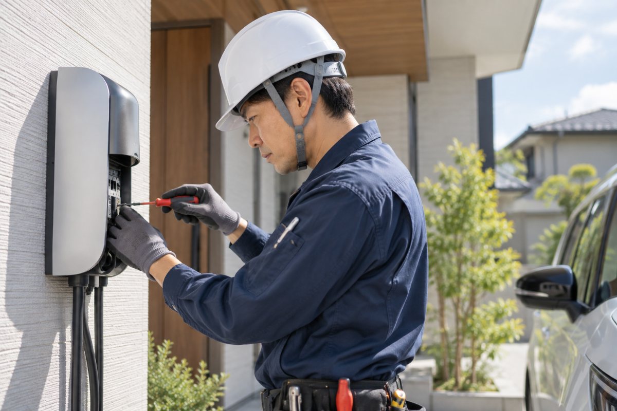 戸建て駐車場の外壁に設置されたEV充電用コンセント