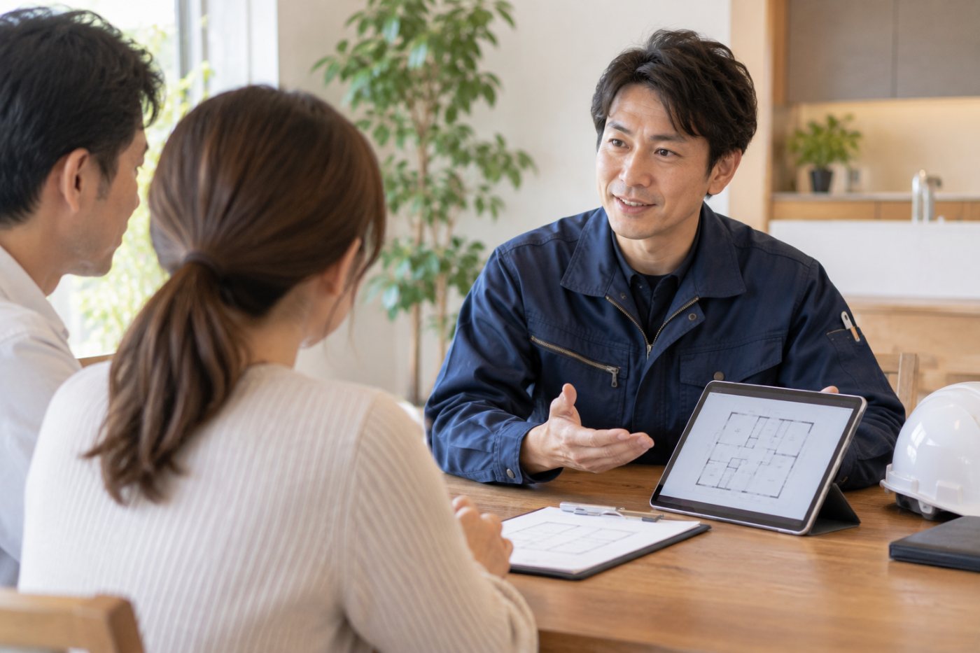玄関先で住まいの方に作業内容を説明している電気工事士