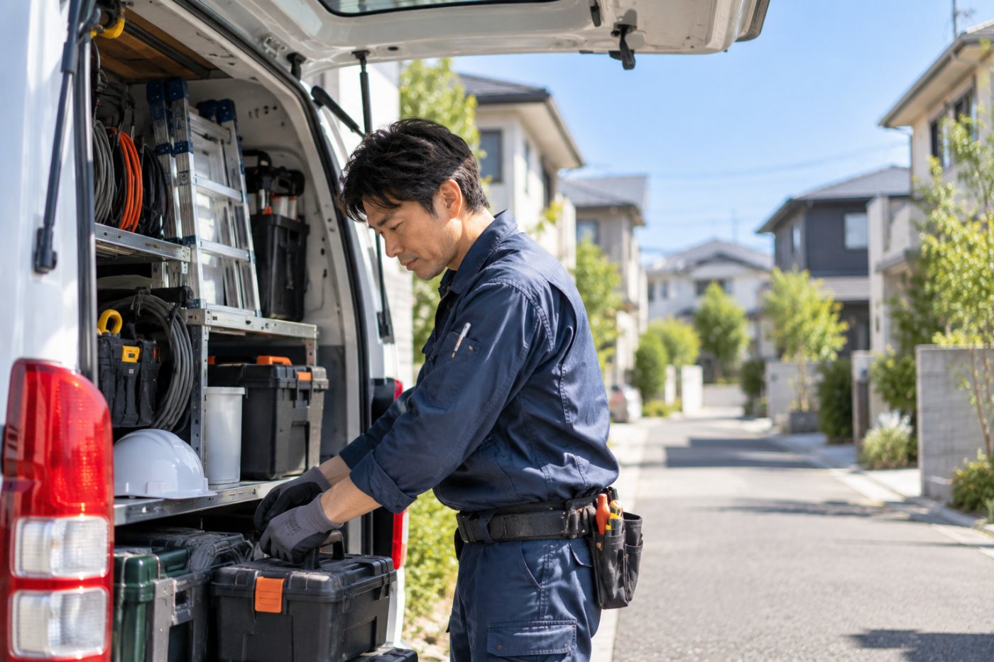 住宅の壁面で配線作業をしている電気工事士