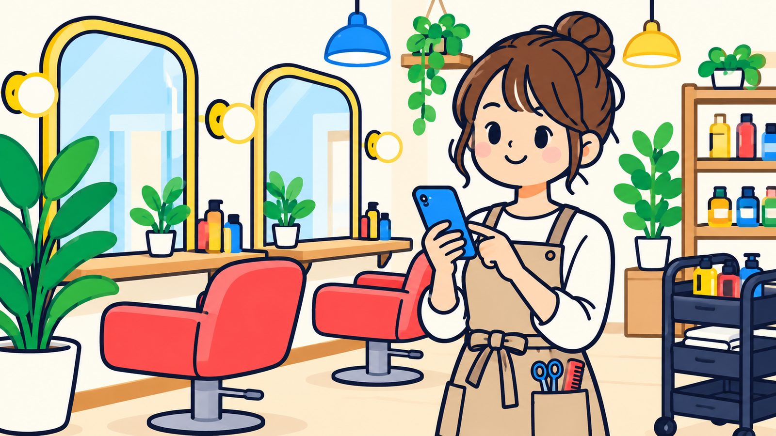 明るいサロンでスマホを持つ美容師