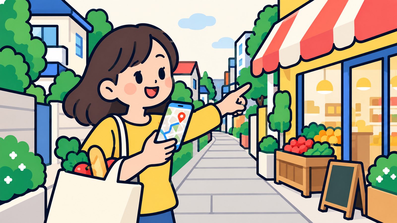 スマホの地図アプリで近所の店を探す女性
