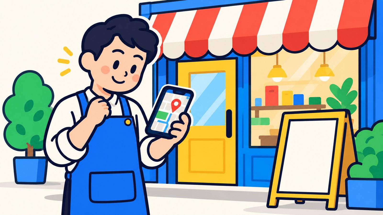 店先でスマホの地図を確認する店主