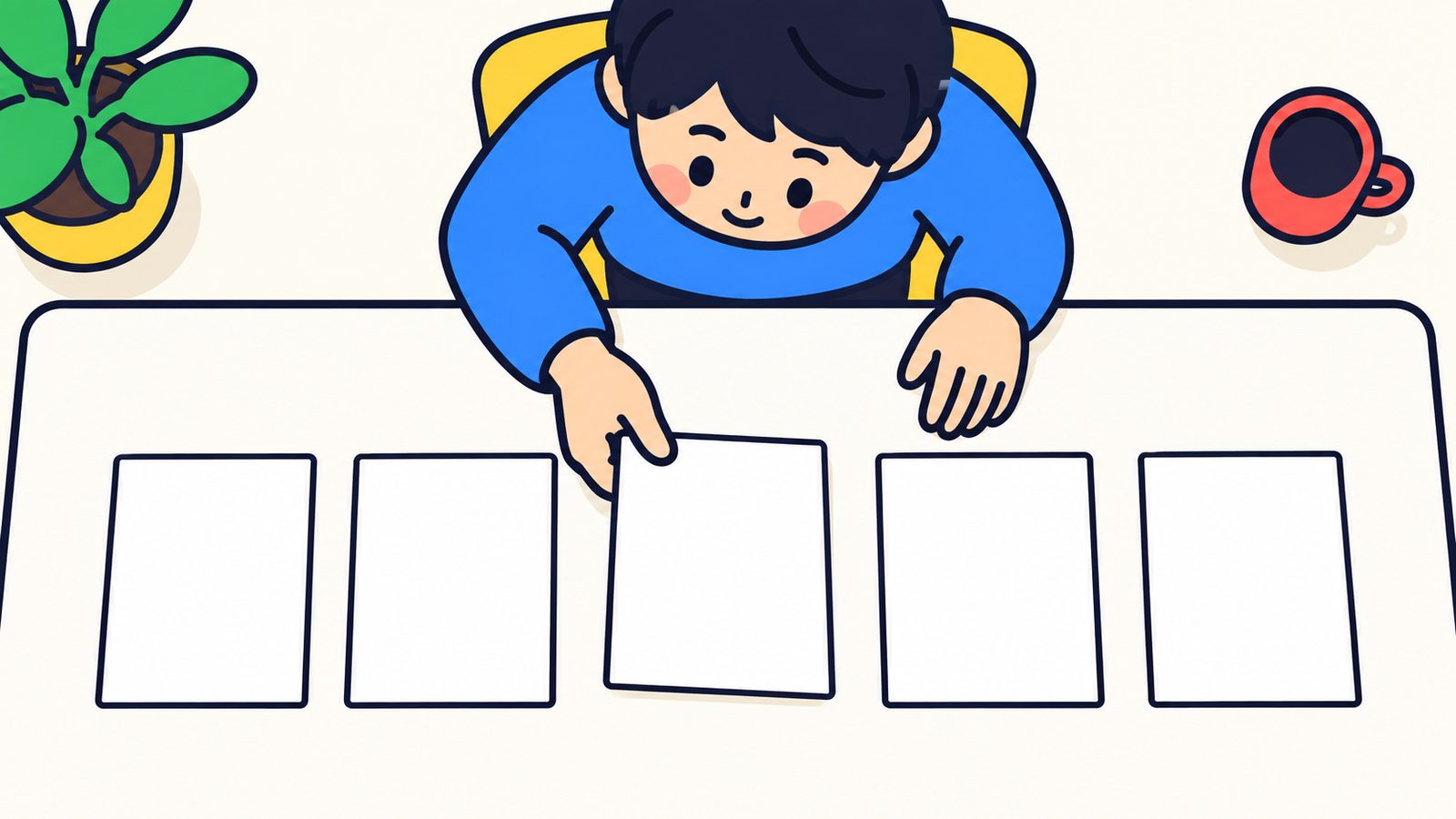 5枚の紙を並べて構成を考える様子