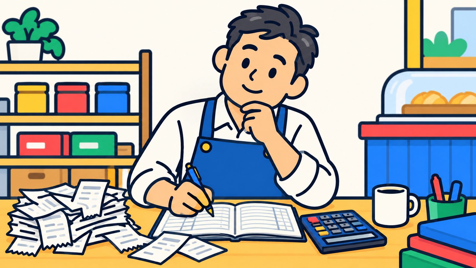 領収書と電卓を前に帳簿をつける店主