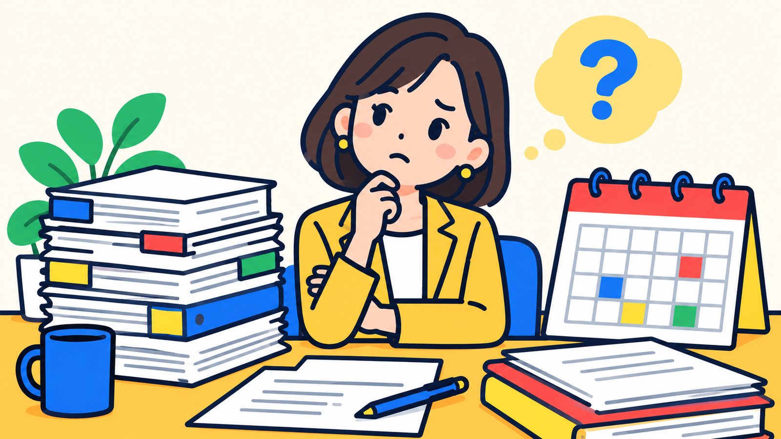 申請書類の山を前に腕を組む女性経営者