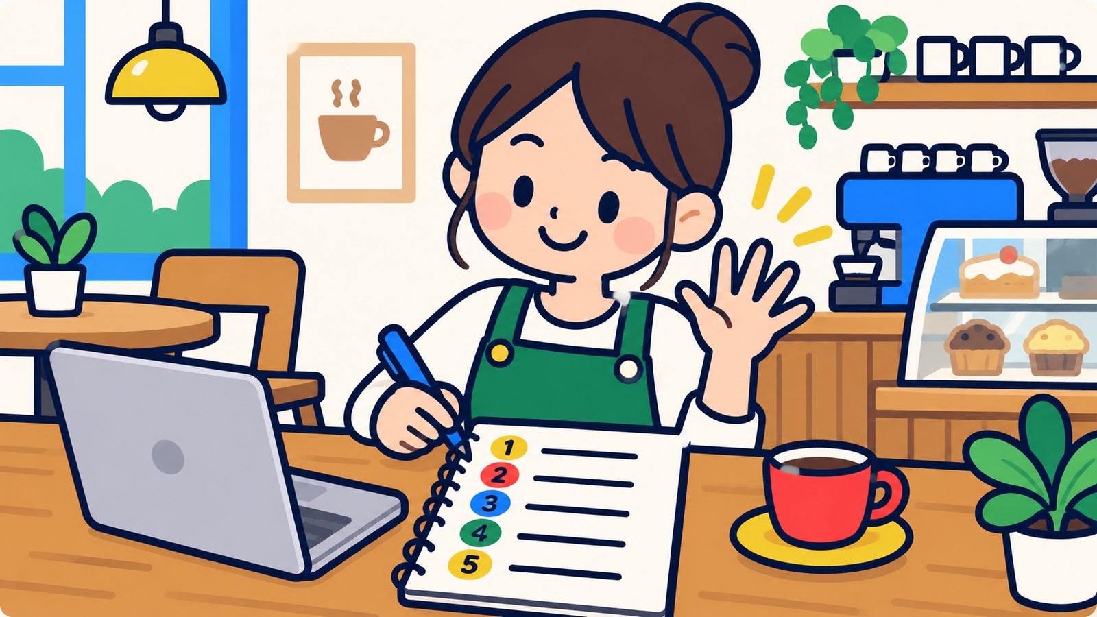 ノートに5つの項目を書き出す店主