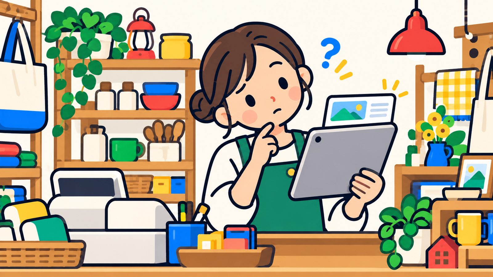 無料ツールの画面を見て考え込む店主