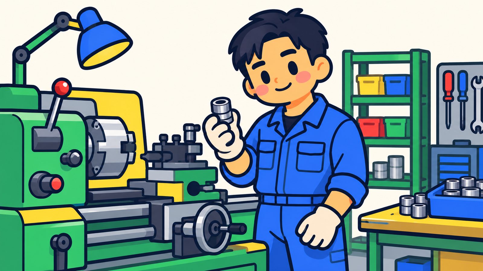 町工場で機械の前に立つ作業着の職人