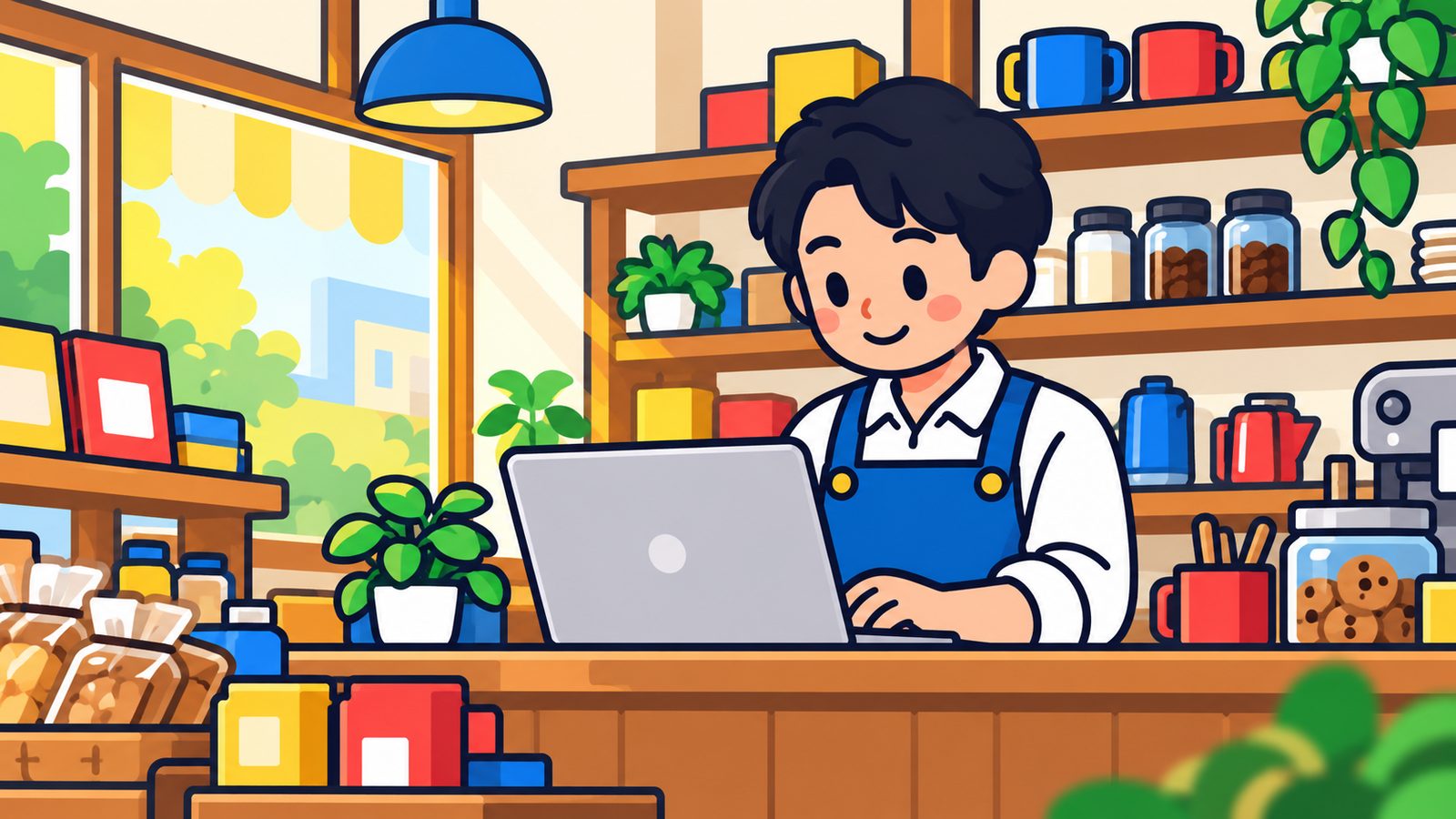ノートパソコンで更新作業をする店主