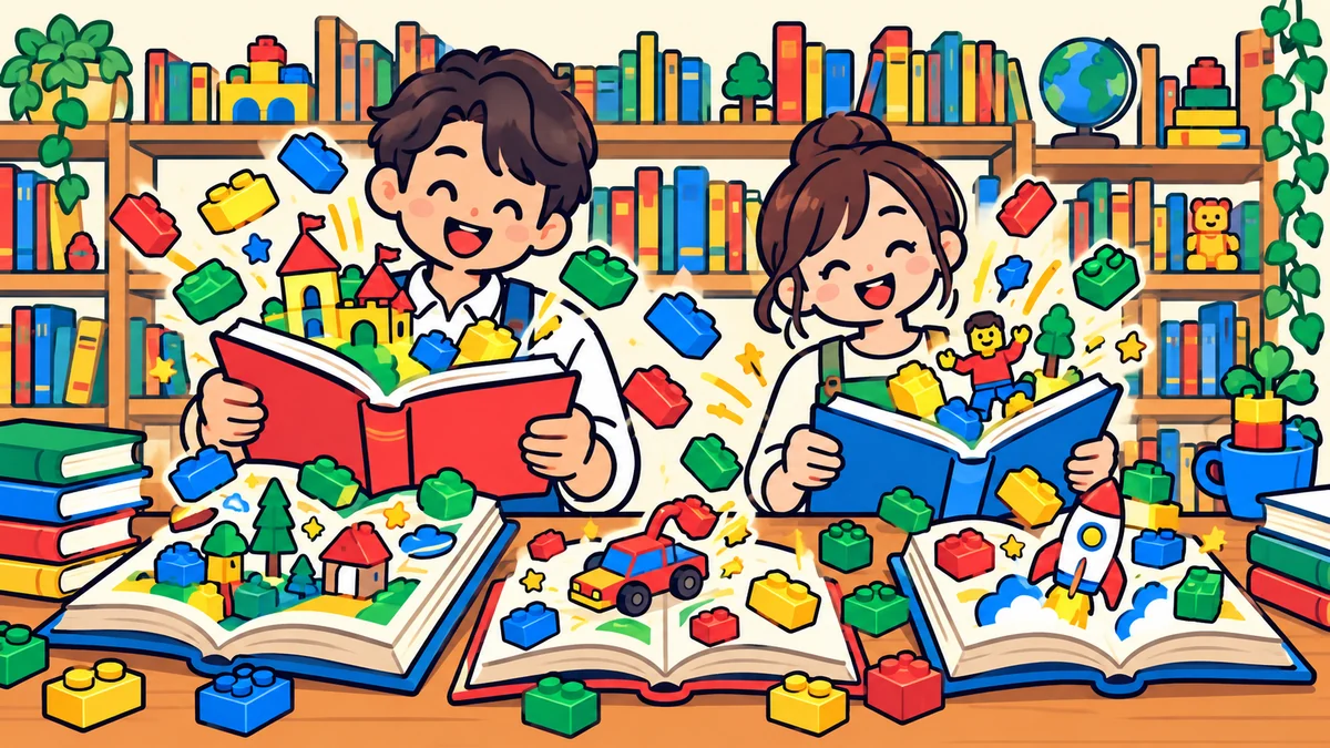本からブロックが飛び出す本棚の前で、楽しそうに本を読む二人のイラスト