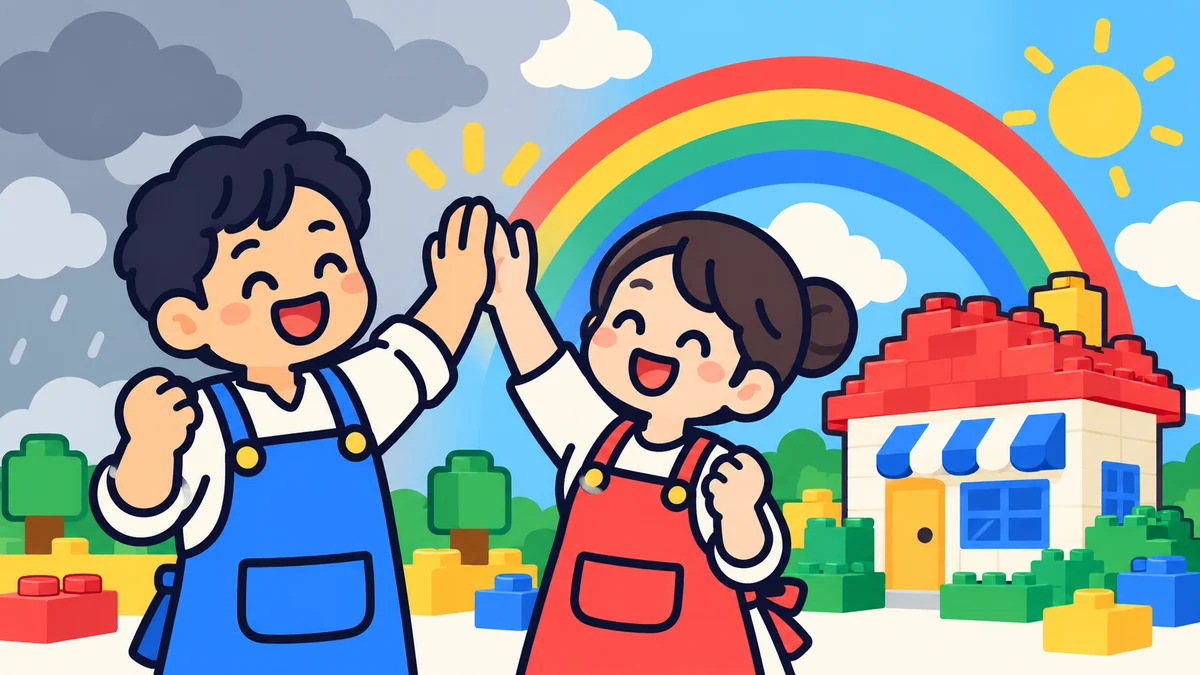 悩みが晴れてハイタッチするお店の夫婦のイラスト